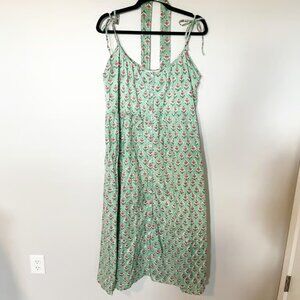Marea green printed cotton midi dress tie shoulders women’s X-Large